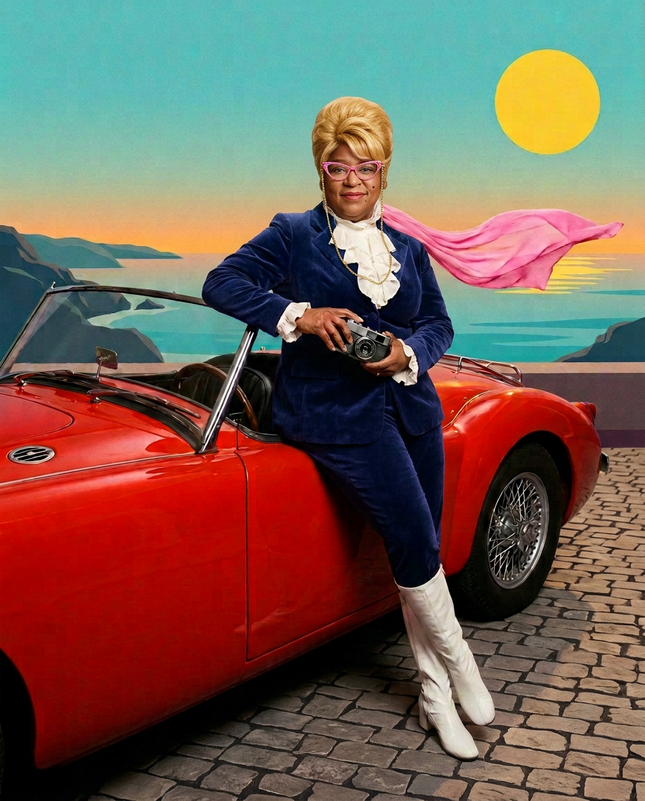 Alicea Peyton beside a red roadster on a colorful coastal overlook